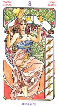 Eight of Wands in the deck Tarot Art Nouveau by Antonella Castelli 