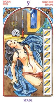 Nine of Swords in the deck Tarot Art Nouveau by Antonella Castelli 