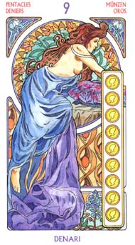 Nine of Pentacles in the deck Tarot Art Nouveau by Antonella Castelli 