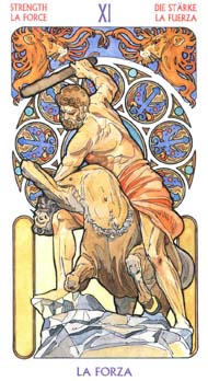 Strength in the deck Tarot Art Nouveau by Antonella Castelli 