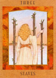 Three of Wands in the deck Goddess Tarot