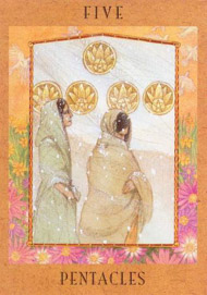 Five of Pentacles in the deck Goddess Tarot