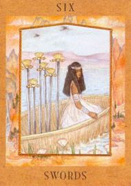 Six of Swords in the deck Goddess Tarot