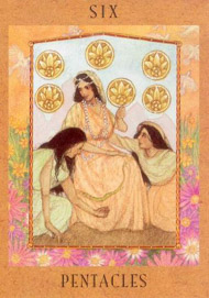 Six of Pentacles in the deck Goddess Tarot