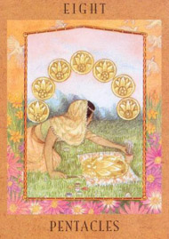 Eight of Pentacles in the deck Goddess Tarot