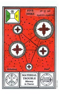 Five of Pentacles in the deck Tarot of Ceremonial Magick