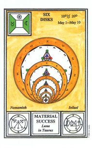 Six of Pentacles in the deck Tarot of Ceremonial Magick