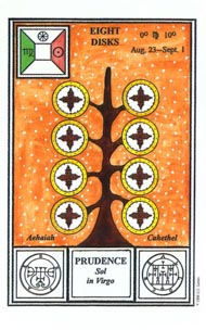 Eight of Pentacles in the deck Tarot of Ceremonial Magick