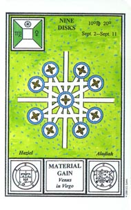 Nine of Pentacles in the deck Tarot of Ceremonial Magick