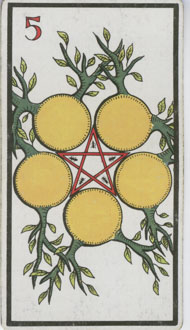 Five of Pentacles in the deck Esoteric Tarot