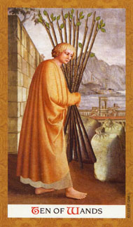 Ten of Wands in the deck Golden Tarot