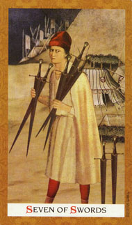 Seven of Swords in the deck Golden Tarot