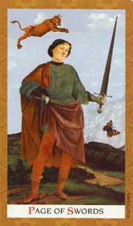 Page of Swords in the deck Golden Tarot