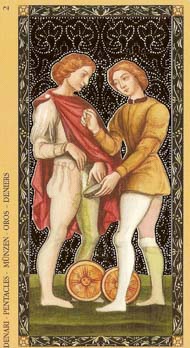 Two of Pentacles in the deck Golden Tarot of the Renaissance