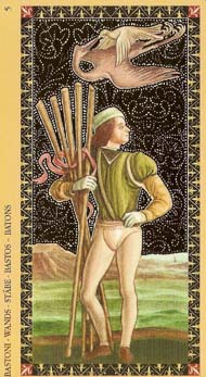 Five of Wands in the deck Golden Tarot of the Renaissance