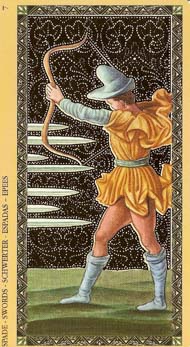 Seven of Swords in the deck Golden Tarot of the Renaissance