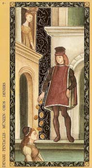 Seven of Pentacles in the deck Golden Tarot of the Renaissance