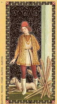 Seven of Wands in the deck Golden Tarot of the Renaissance