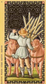 Nine of Wands in the deck Golden Tarot of the Renaissance