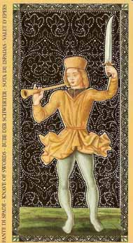 Page of Swords in the deck Golden Tarot of the Renaissance