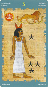 Five of Pentacles in the deck Tarot of Cleopatra