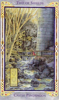 Two of Pentacles in the deck Legend: The Arthurian Tarot