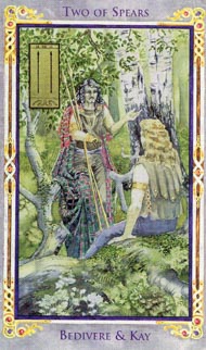 Two of Wands in the deck Legend: The Arthurian Tarot