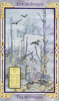 Five of Pentacles in the deck Legend: The Arthurian Tarot