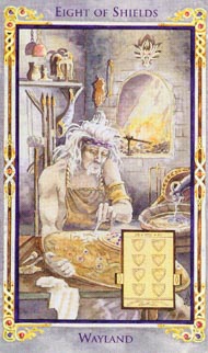 Eight of Pentacles in the deck Legend: The Arthurian Tarot