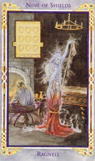 Nine of Pentacles in the deck Legend: The Arthurian Tarot