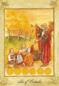 Six of Pentacles in the deck Llewellyn Tarot