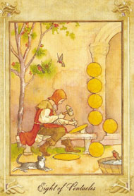 Eight of Pentacles in the deck Llewellyn Tarot