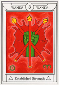 Three of Wands in the deck Golden Dawn Magical Tarot