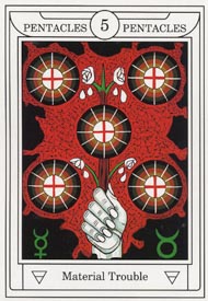 Five of Pentacles in the deck Golden Dawn Magical Tarot