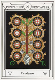 Eight of Pentacles in the deck Golden Dawn Magical Tarot