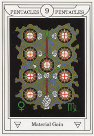 Nine of Pentacles in the deck Golden Dawn Magical Tarot