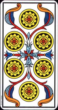 Six of Pentacles in the deck Tarot de Marseille Jodorowsky-Camoin