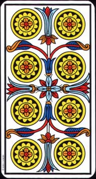 Eight of Pentacles in the deck Tarot de Marseille Jodorowsky-Camoin