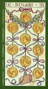 Nine of Pentacles in the deck Tarot of the Master