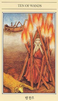 Ten of Wands in the deck The Mythic Tarot