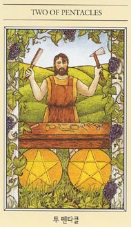 Two of Pentacles in the deck The Mythic Tarot