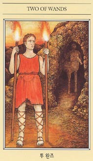 Two of Wands in the deck The Mythic Tarot