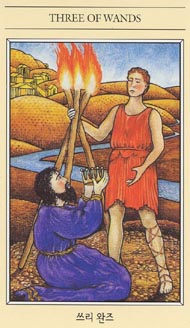 Three of Wands in the deck The Mythic Tarot