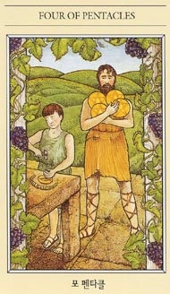 Four of Pentacles in the deck The Mythic Tarot