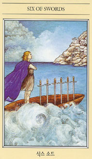 Six of Swords in the deck The Mythic Tarot