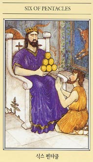 Six of Pentacles in the deck The Mythic Tarot