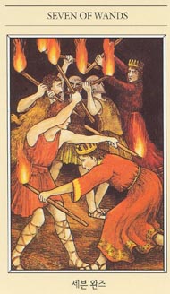 Seven of Wands in the deck The Mythic Tarot