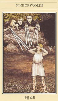 Nine of Swords in the deck The Mythic Tarot