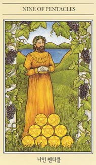 Nine of Pentacles in the deck The Mythic Tarot