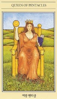 Queen of Pentacles in the deck The Mythic Tarot